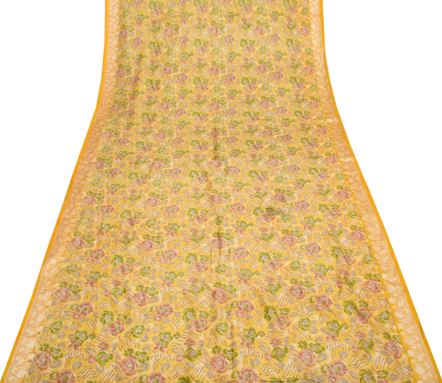 Sushila Vintage Yellow Saree 100% Pure Silk Printed Floral Soft Craft Fabric