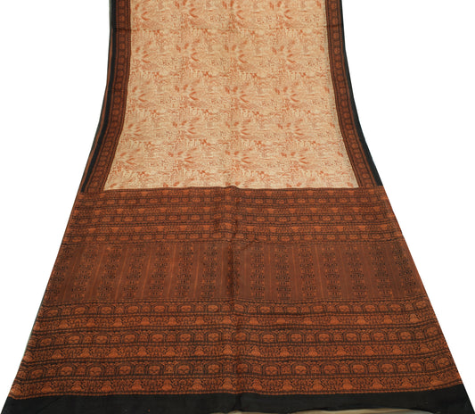 Sushila Vintage Cream Saree 100% Pure Silk Printed  Soft 5 YD Craft Fabric
