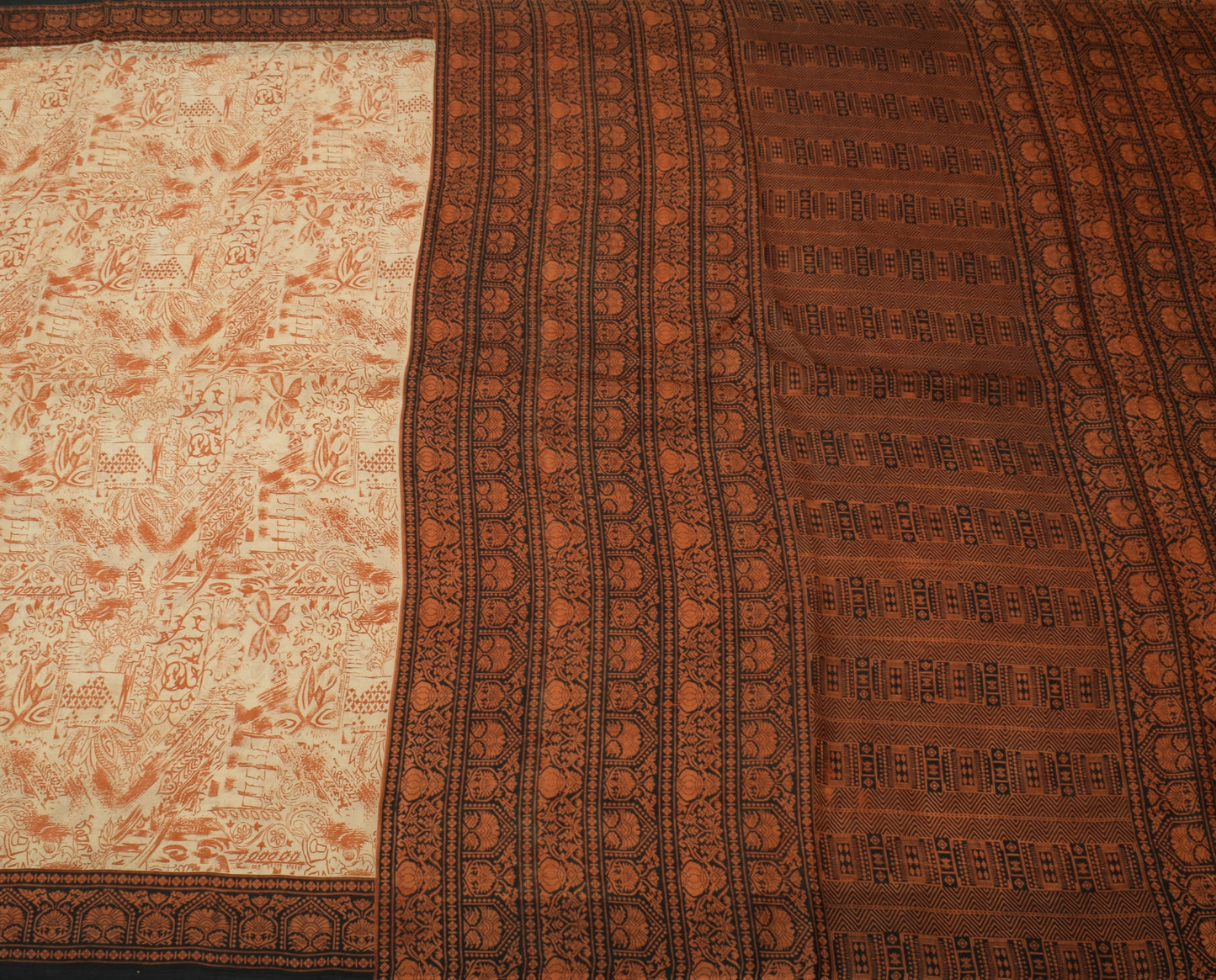 Sushila Vintage Cream Saree 100% Pure Silk Printed  Soft 5 YD Craft Fabric