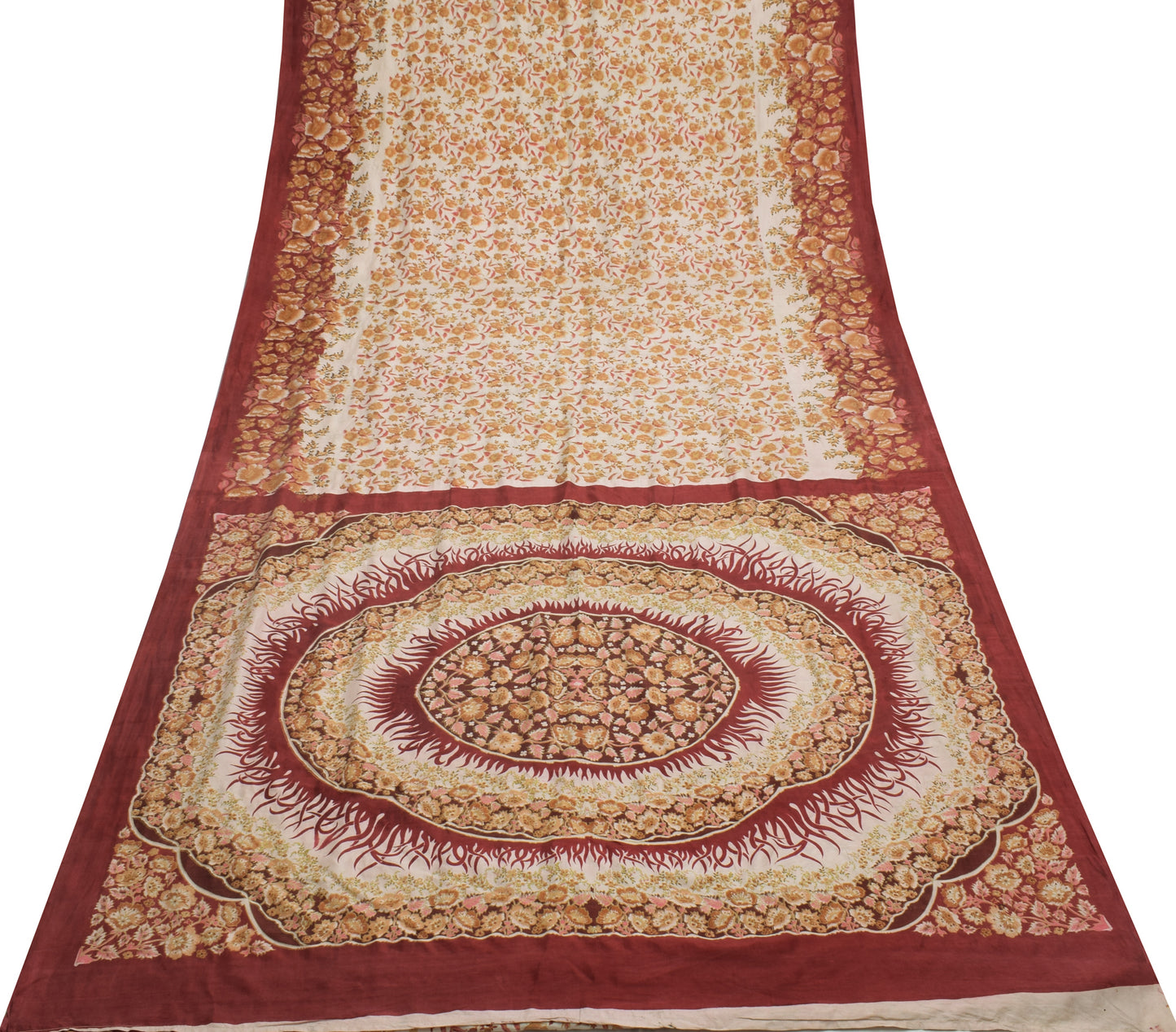 Sushila Vintage Cream Saree 100% Pure Silk Printed Floral Soft Craft Fabric