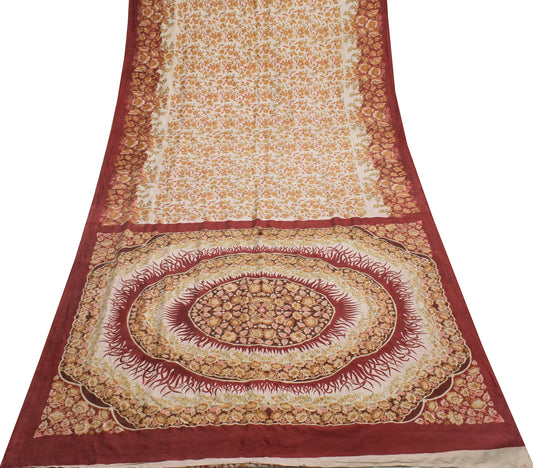 Sushila Vintage Cream Saree 100% Pure Silk Printed Floral Soft Craft Fabric