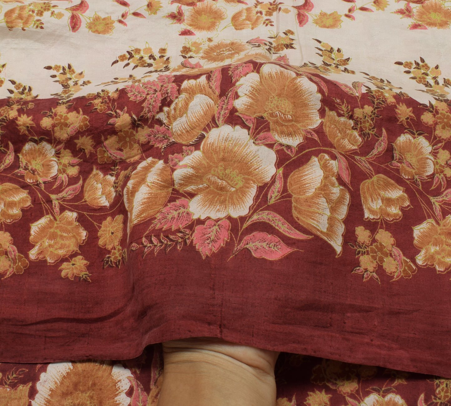 Sushila Vintage Cream Saree 100% Pure Silk Printed Floral Soft Craft Fabric