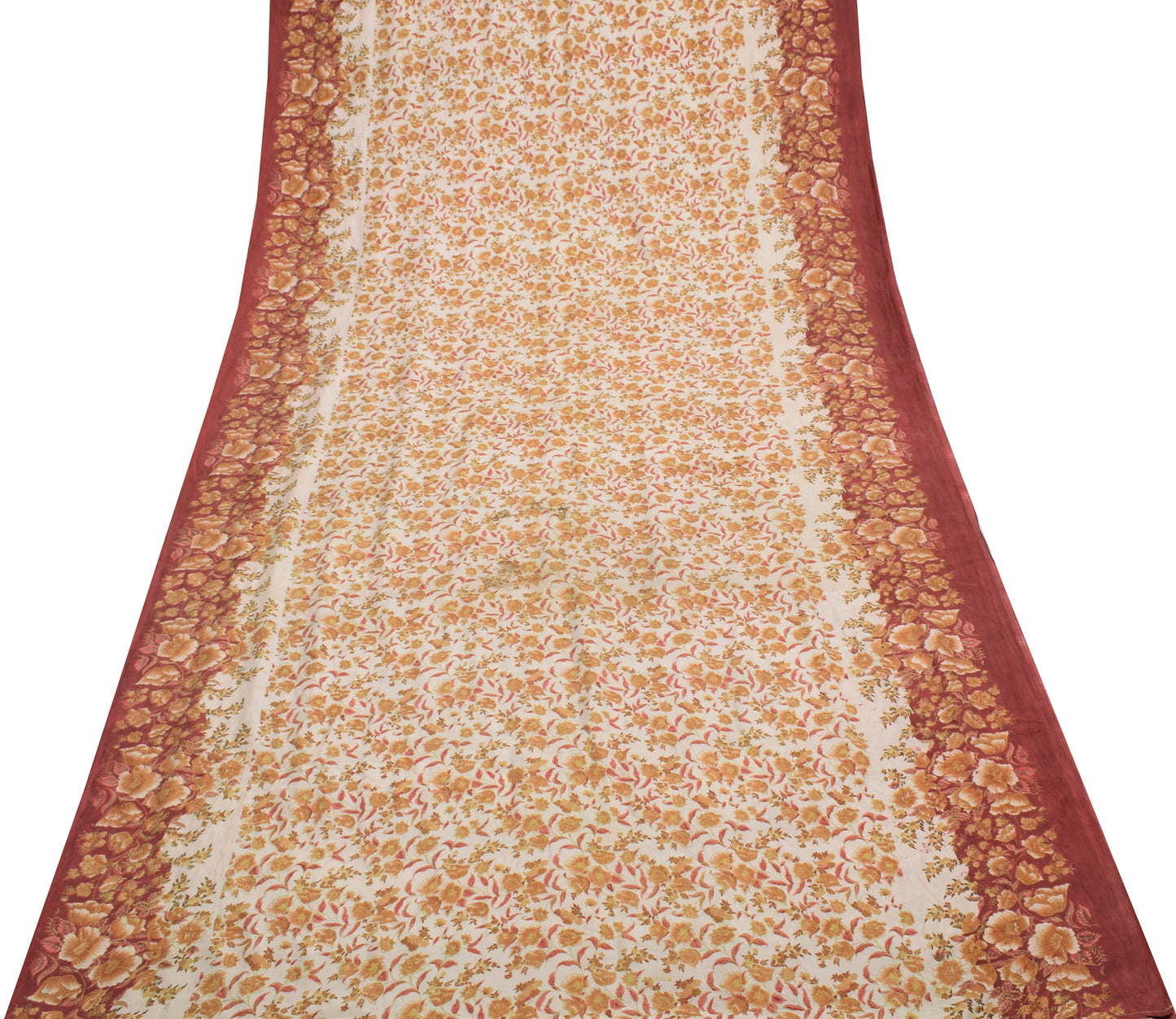 Sushila Vintage Cream Saree 100% Pure Silk Printed Floral Soft Craft Fabric