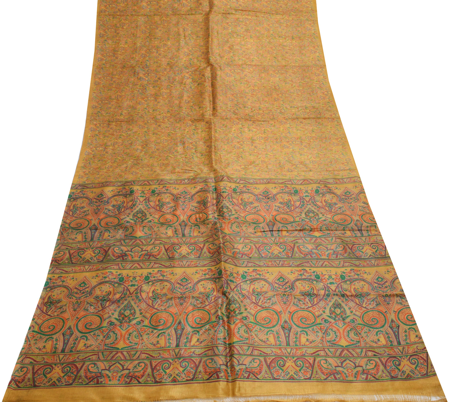 Sushila Vintage Green Saree 100% Pure Silk Printed Paisley Soft Craft Fabric