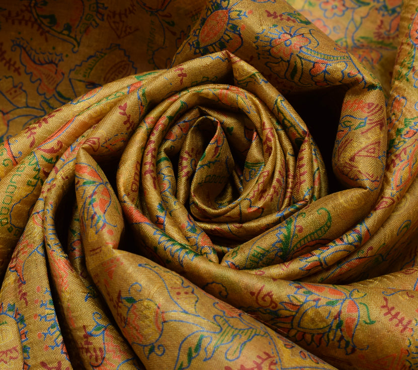 Sushila Vintage Green Saree 100% Pure Silk Printed Paisley Soft Craft Fabric