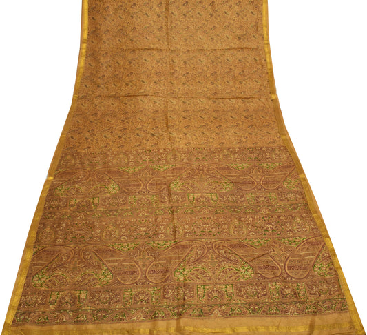 Sushila Vintage Brown Saree 100% Pure Silk Printed Paisley Soft Craft Fabric