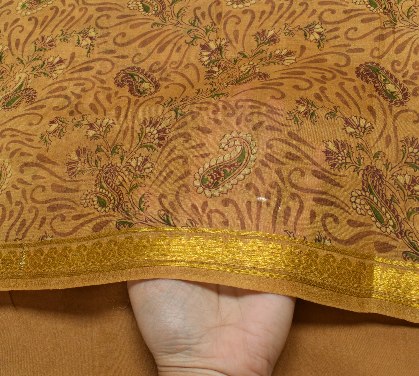 Sushila Vintage Brown Saree 100% Pure Silk Printed Paisley Soft Craft Fabric