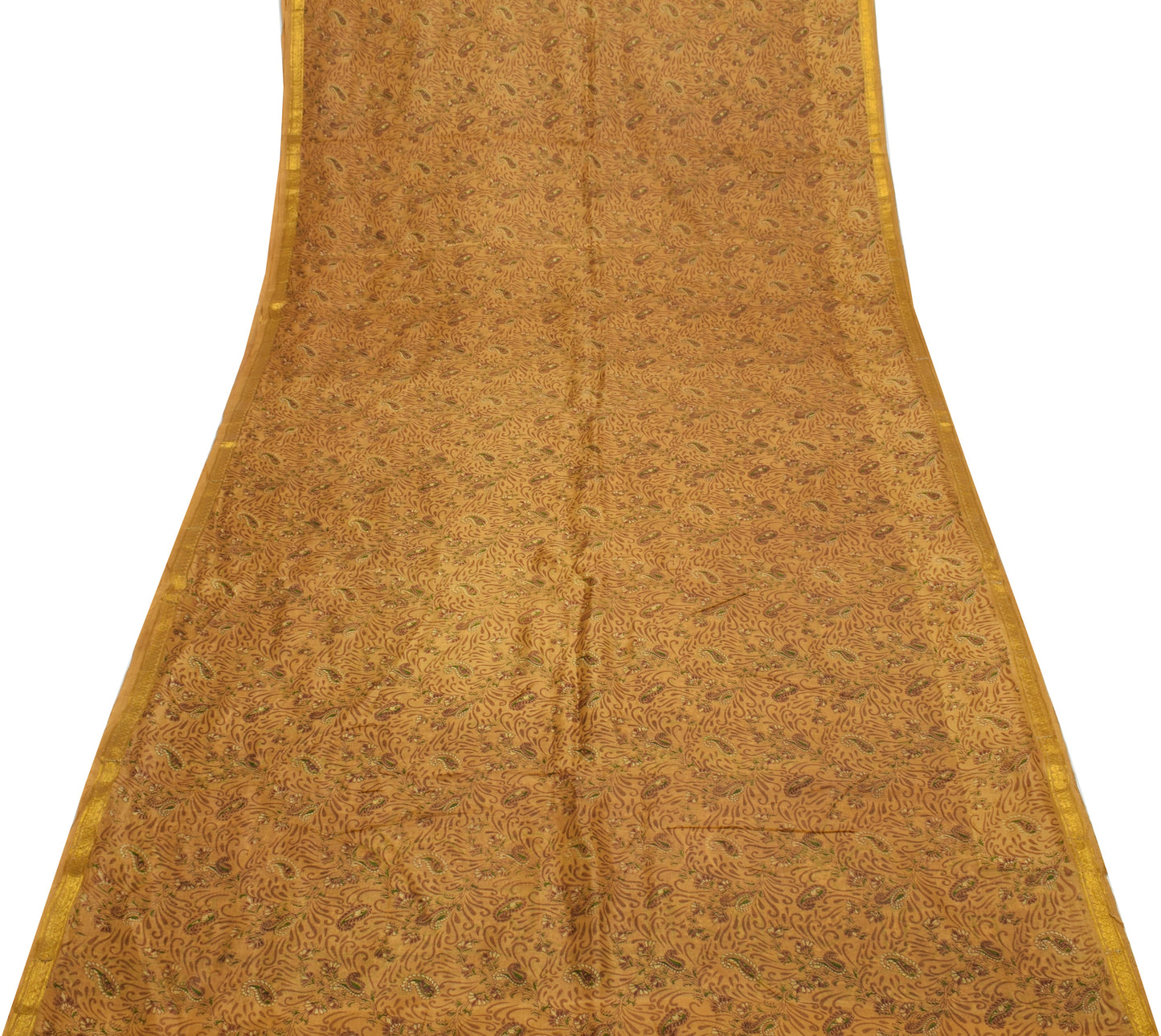 Sushila Vintage Brown Saree 100% Pure Silk Printed Paisley Soft Craft Fabric