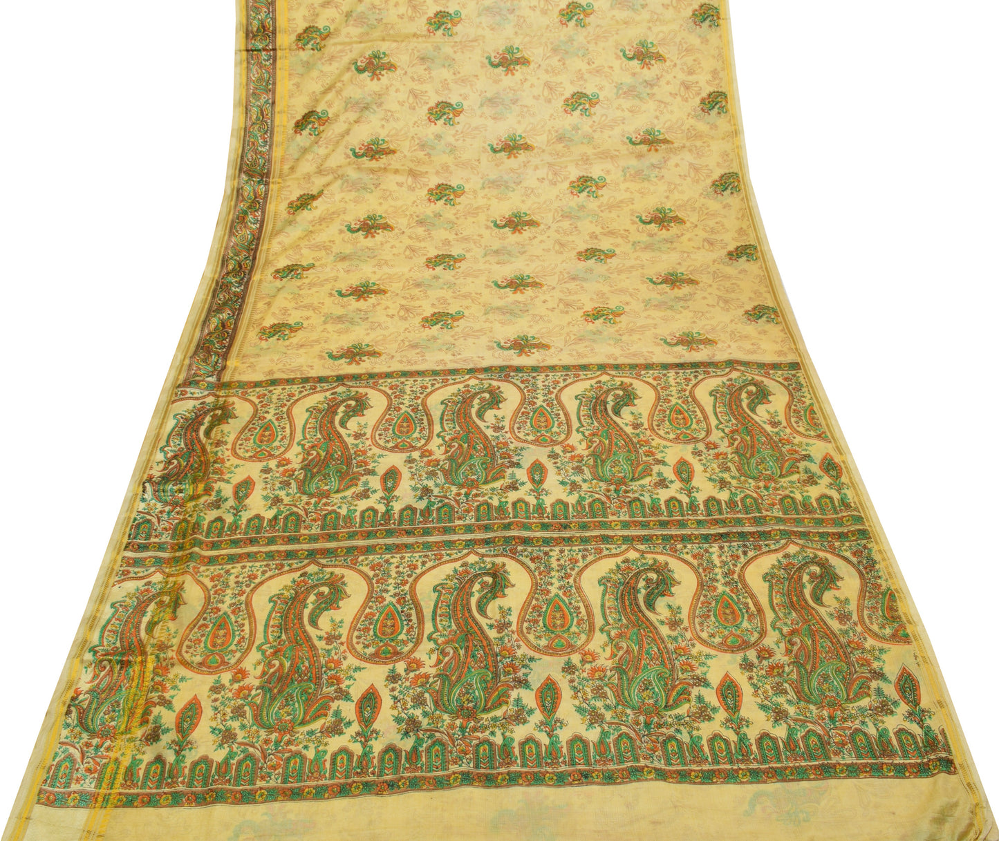 Sushila Vintage Cream Indian Saree Blend Silk Printed Floral Soft Craft Fabric