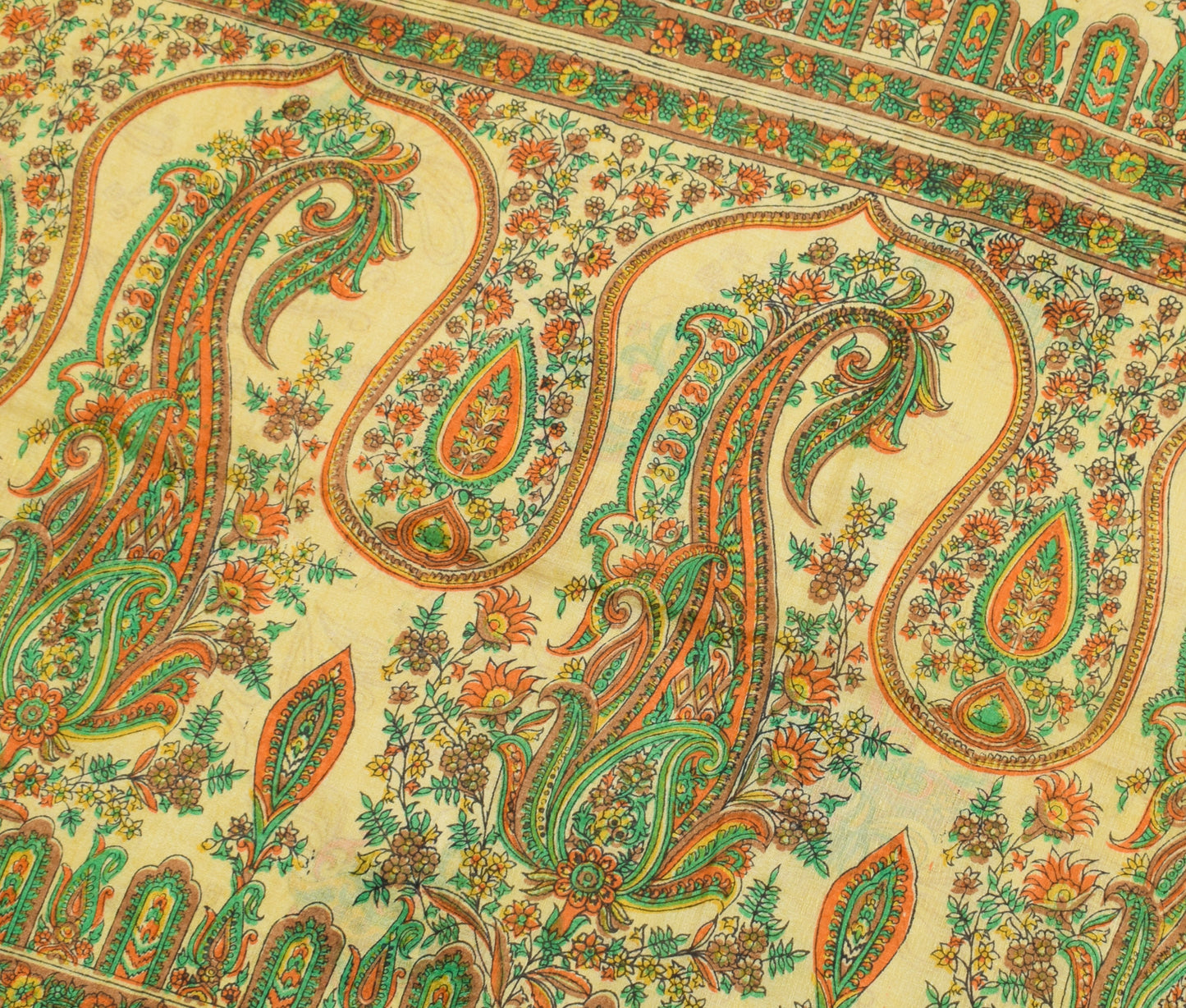 Sushila Vintage Cream Indian Saree Blend Silk Printed Floral Soft Craft Fabric