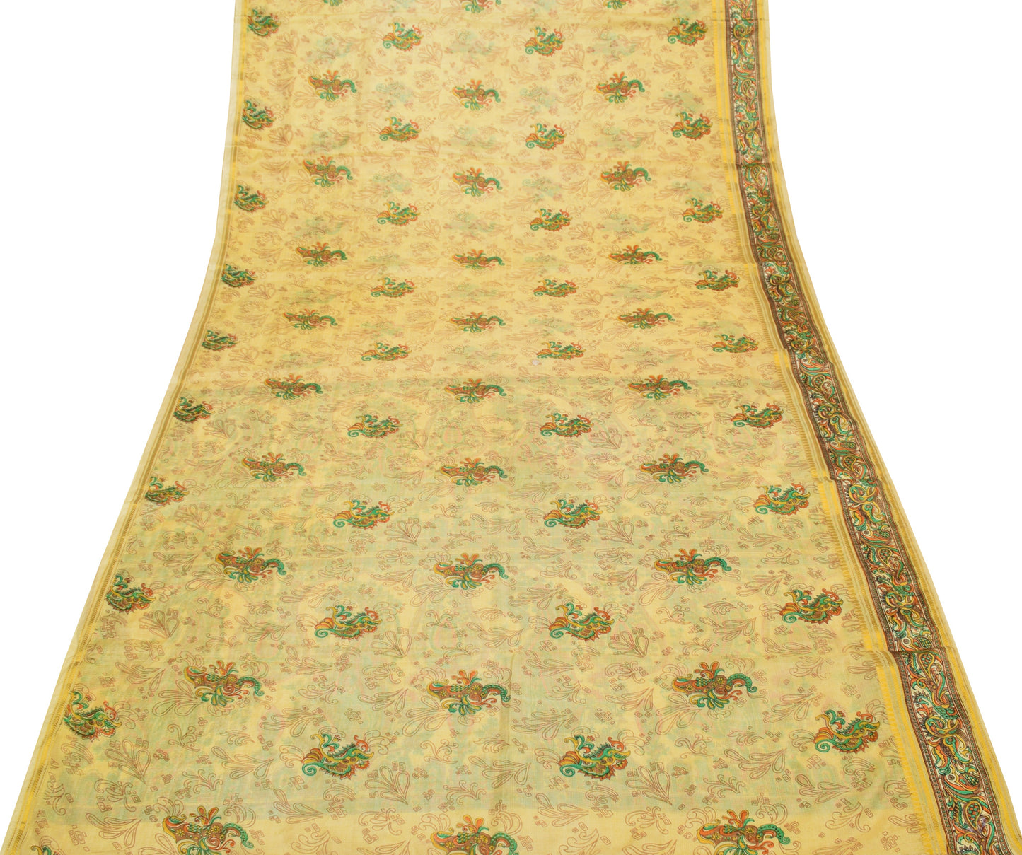 Sushila Vintage Cream Indian Saree Blend Silk Printed Floral Soft Craft Fabric