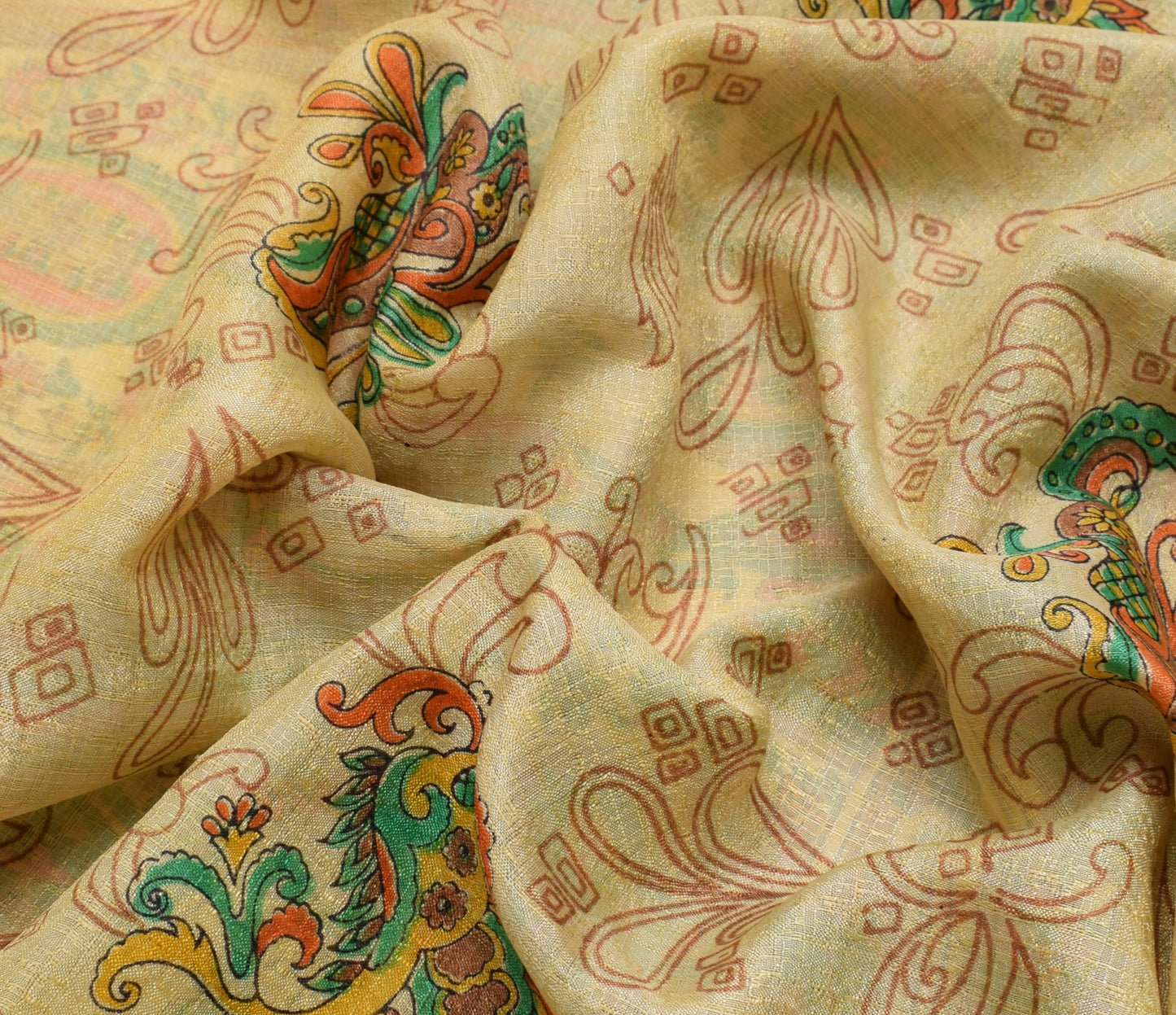 Sushila Vintage Cream Indian Saree Blend Silk Printed Floral Soft Craft Fabric