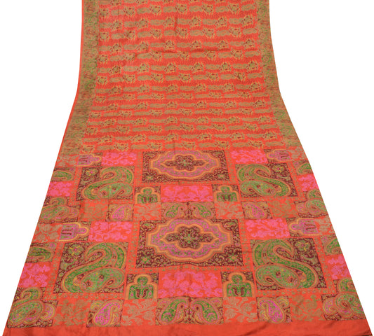 Sushila Vintage Orange Saree 100% Pure Silk Printed Paisley Soft Craft Fabric