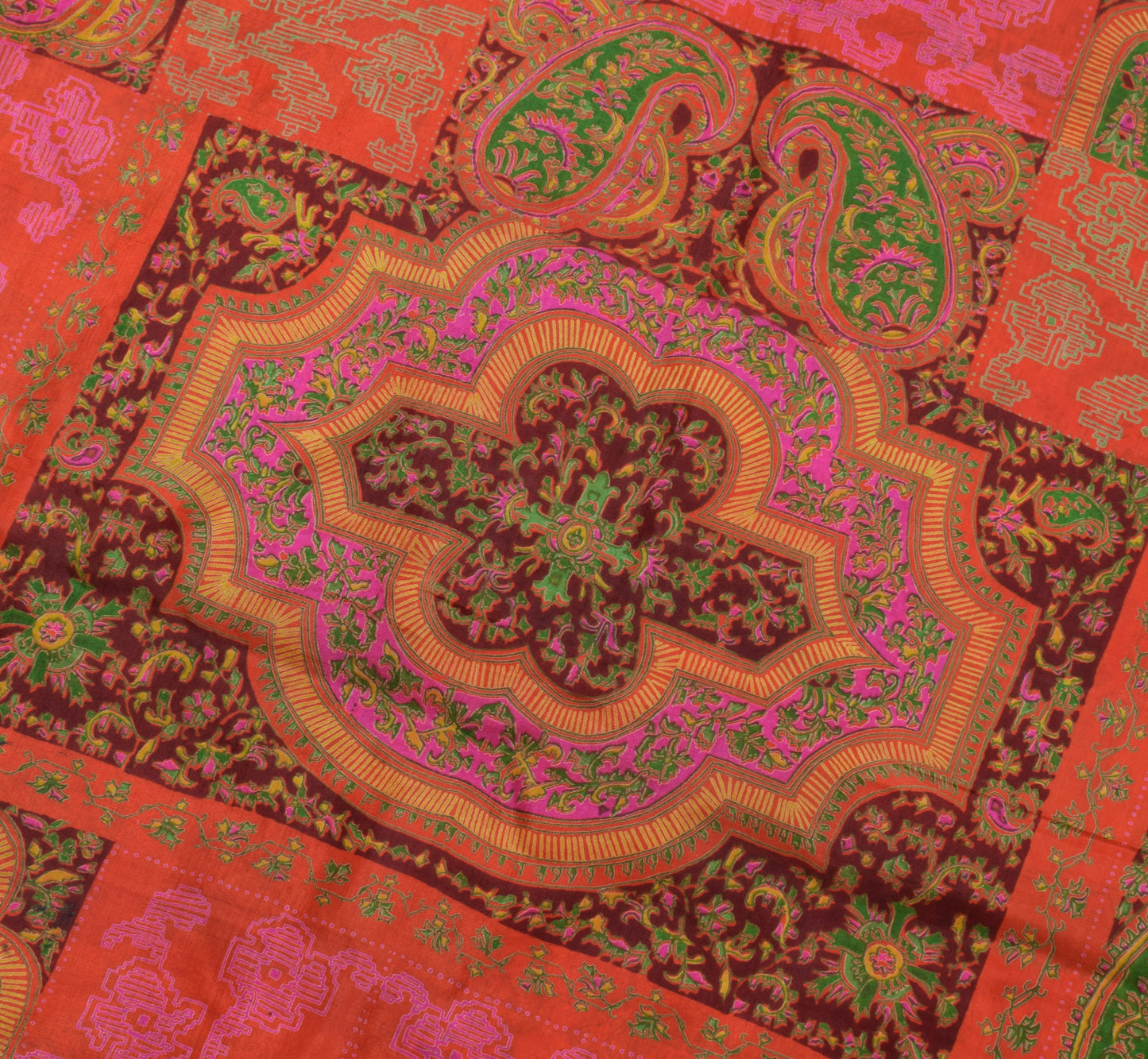 Sushila Vintage Orange Saree 100% Pure Silk Printed Paisley Soft Craft Fabric