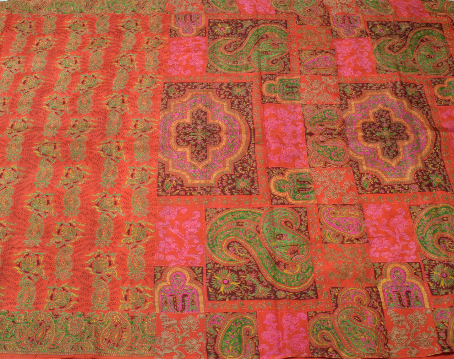 Sushila Vintage Orange Saree 100% Pure Silk Printed Paisley Soft Craft Fabric