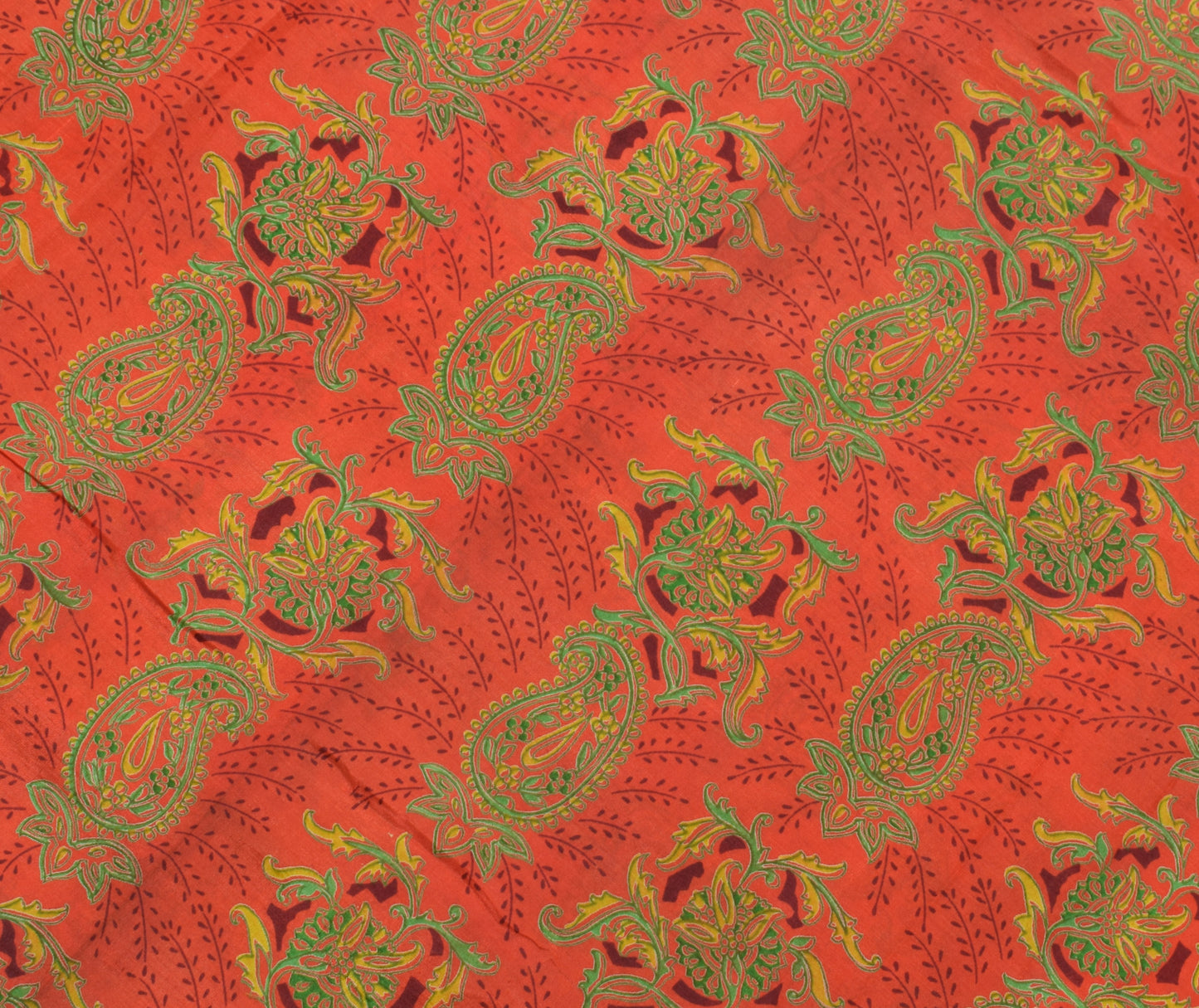 Sushila Vintage Orange Saree 100% Pure Silk Printed Paisley Soft Craft Fabric