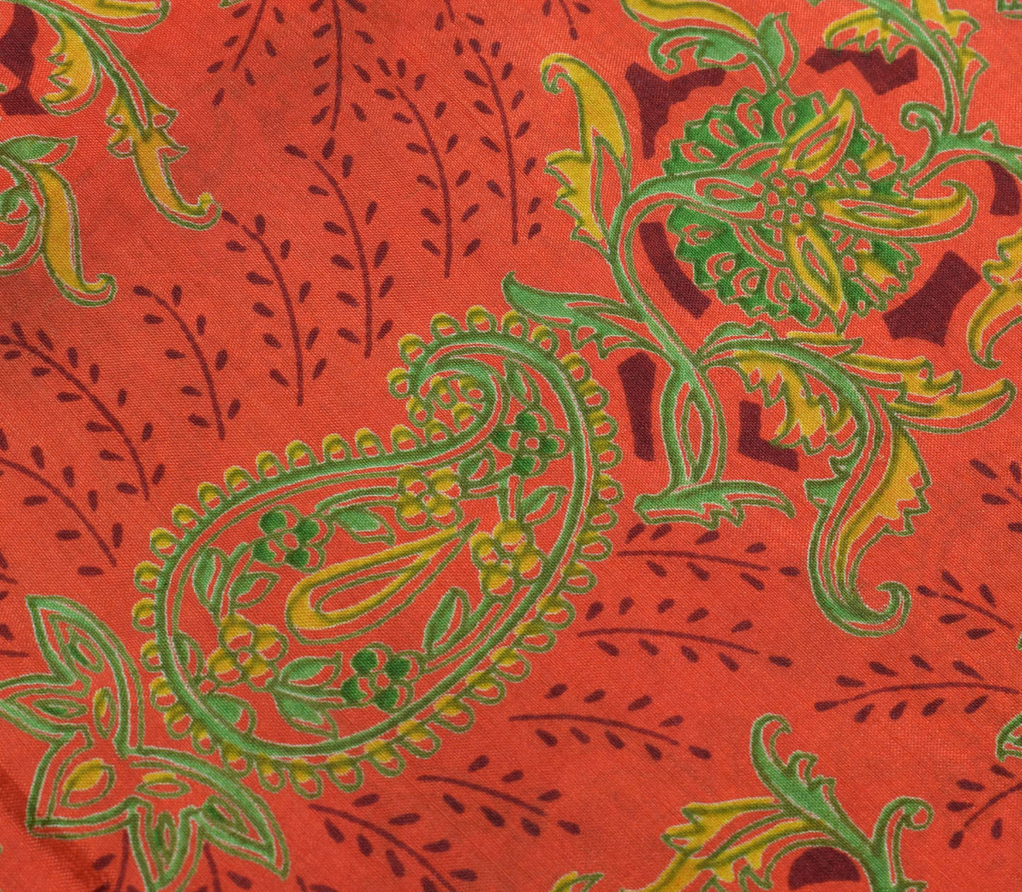 Sushila Vintage Orange Saree 100% Pure Silk Printed Paisley Soft Craft Fabric