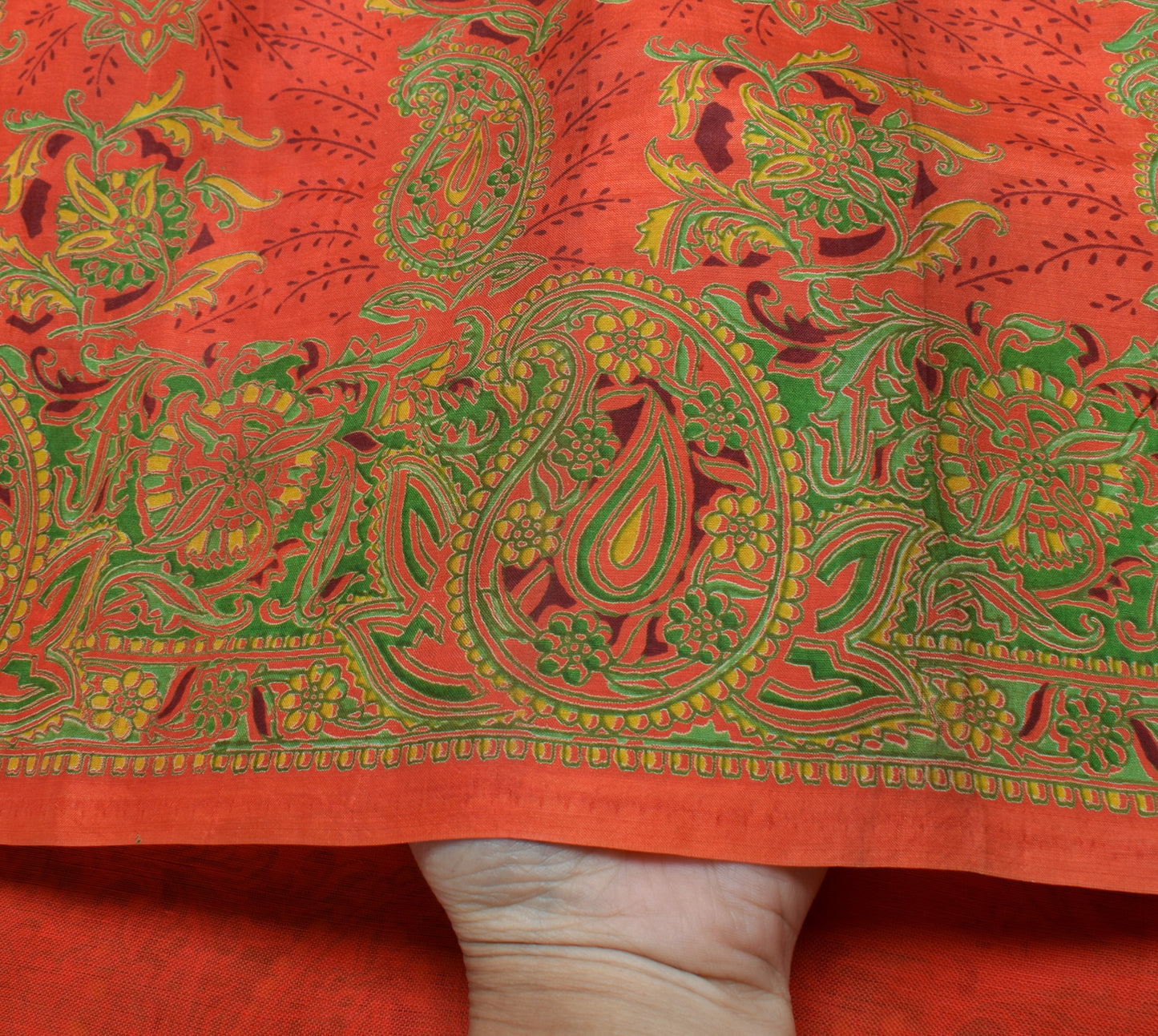 Sushila Vintage Orange Saree 100% Pure Silk Printed Paisley Soft Craft Fabric