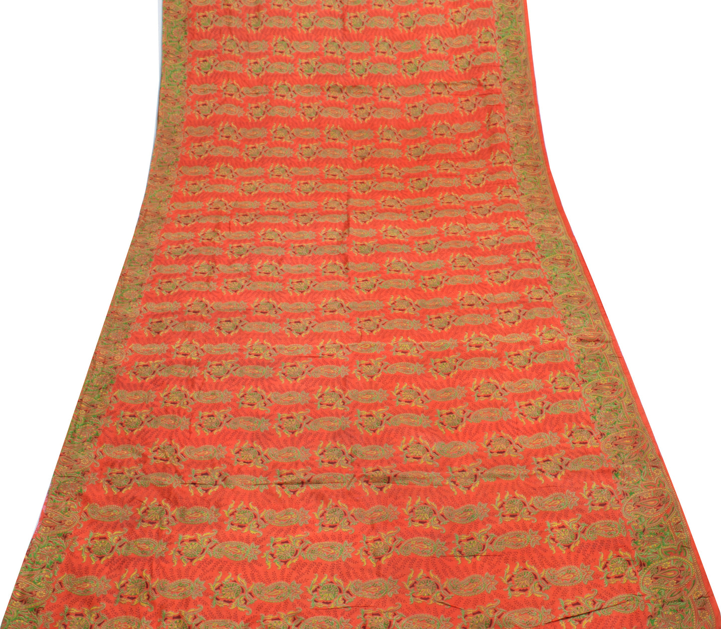 Sushila Vintage Orange Saree 100% Pure Silk Printed Paisley Soft Craft Fabric