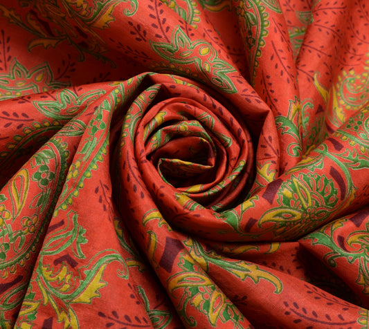 Sushila Vintage Orange Saree 100% Pure Silk Printed Paisley Soft Craft Fabric