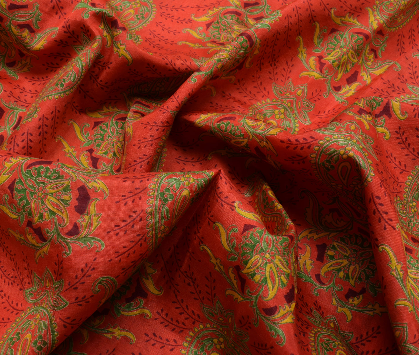 Sushila Vintage Orange Saree 100% Pure Silk Printed Paisley Soft Craft Fabric