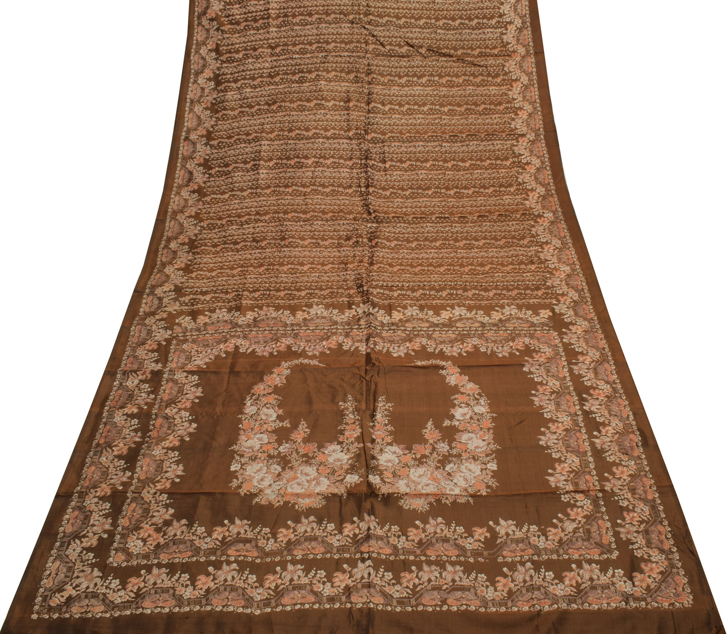 Sushila Vintage Brown Saree 100% Pure Silk Printed Floral Soft Craft Fabric