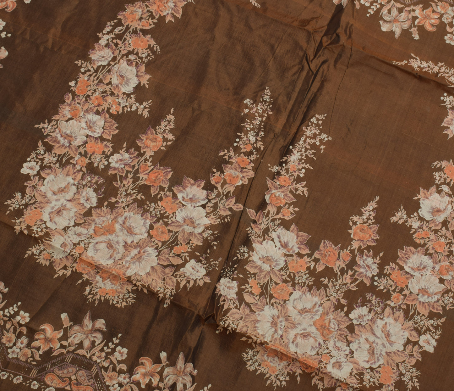 Sushila Vintage Brown Saree 100% Pure Silk Printed Floral Soft Craft Fabric