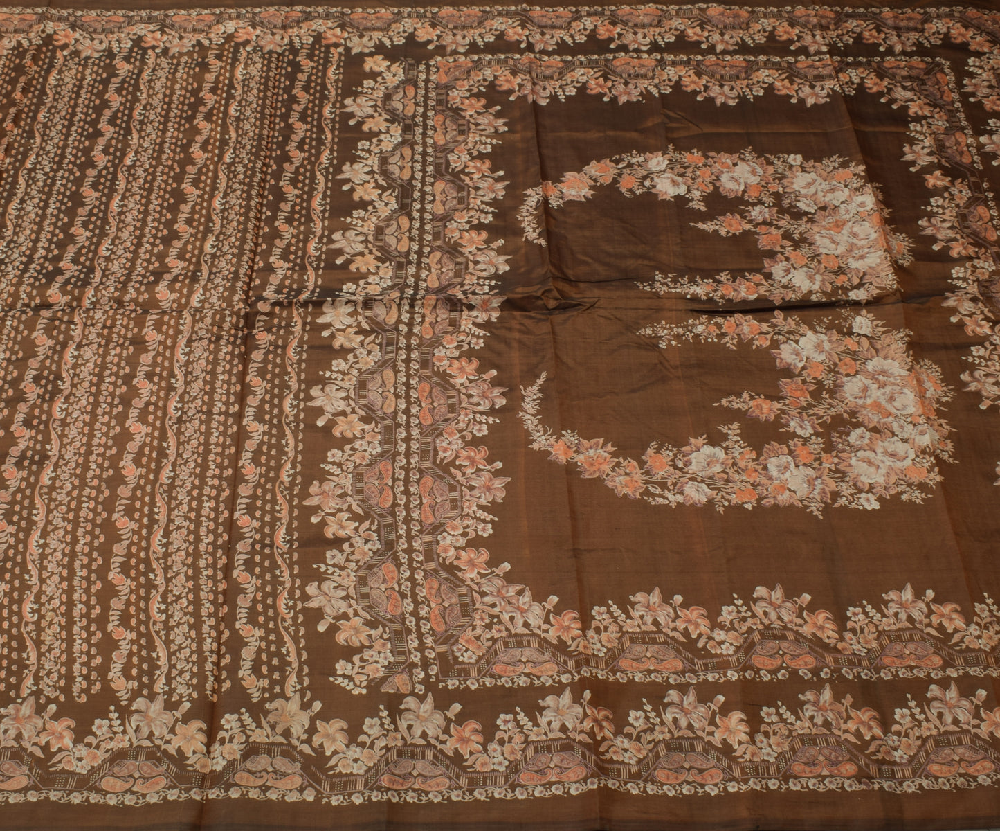 Sushila Vintage Brown Saree 100% Pure Silk Printed Floral Soft Craft Fabric