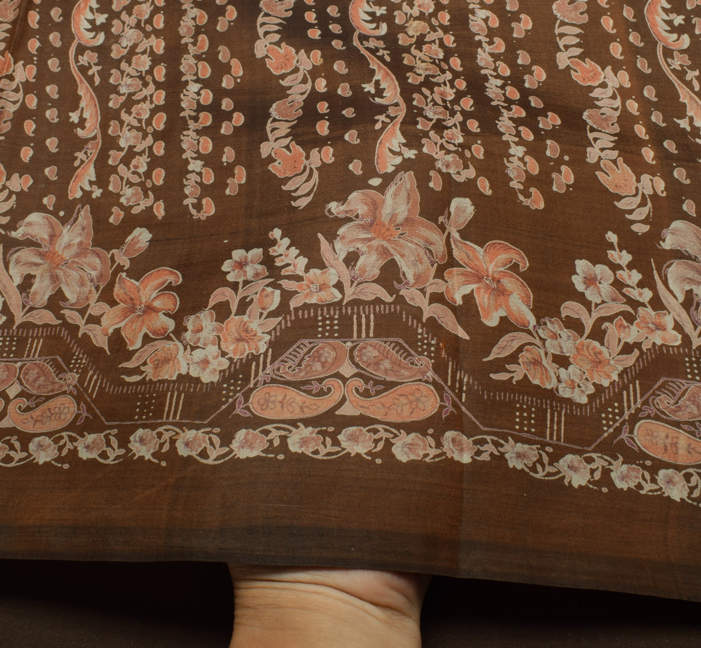 Sushila Vintage Brown Saree 100% Pure Silk Printed Floral Soft Craft Fabric