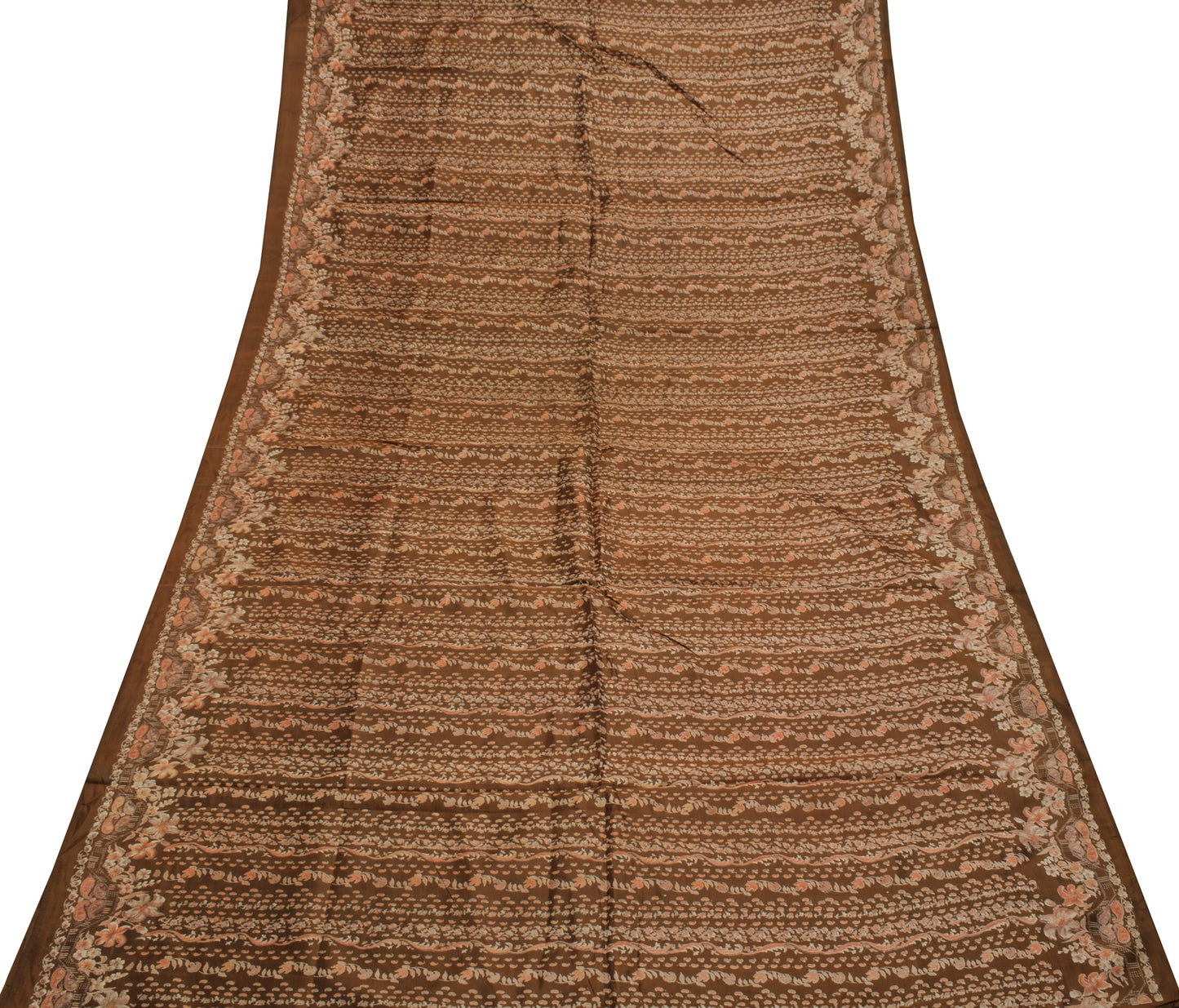 Sushila Vintage Brown Saree 100% Pure Silk Printed Floral Soft Craft Fabric