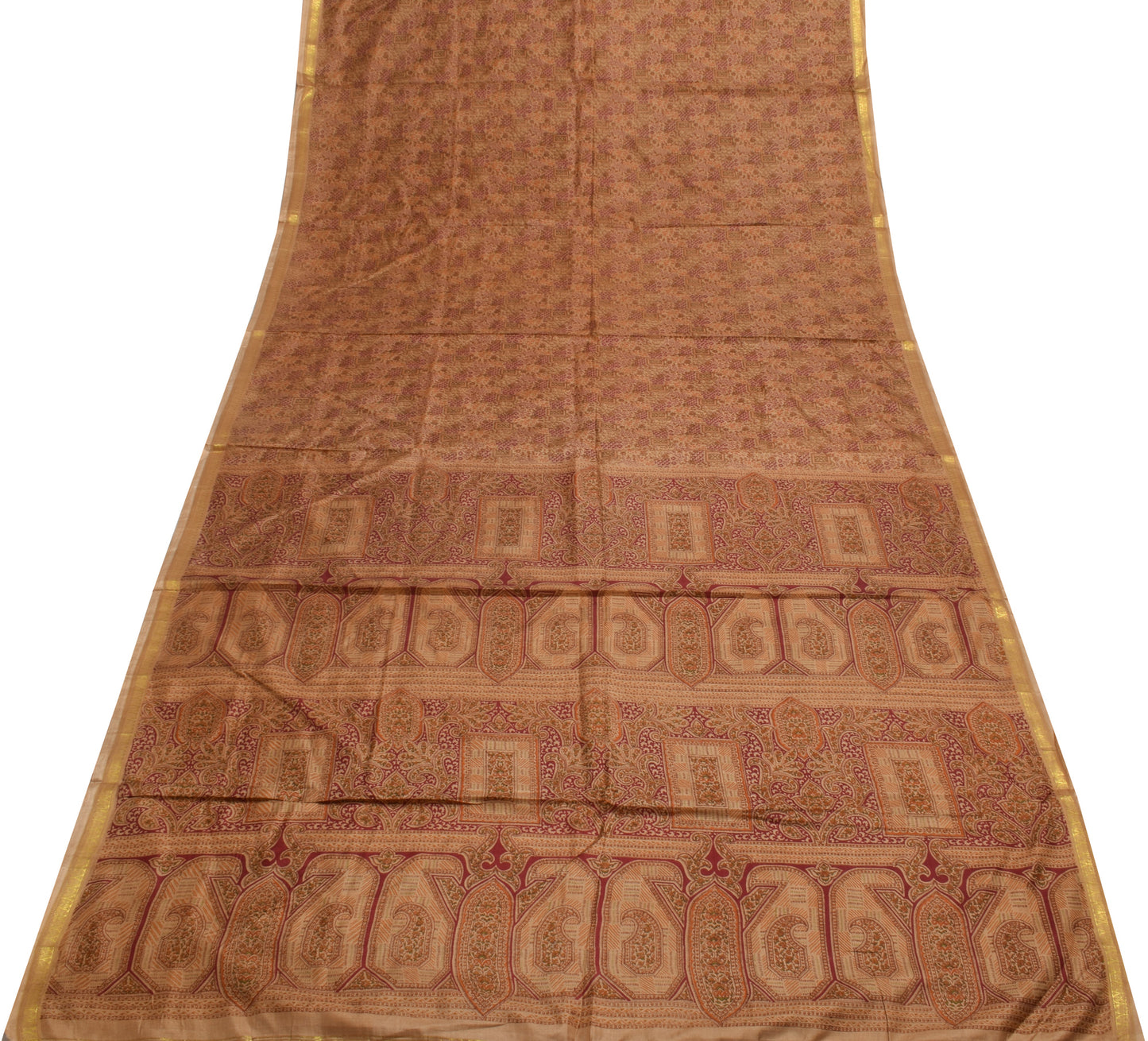 Sushila Vintage Brown Saree 100% Pure Silk Printed Floral Soft Craft Fabric