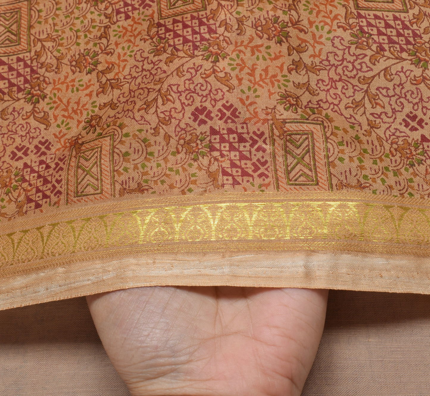 Sushila Vintage Brown Saree 100% Pure Silk Printed Floral Soft Craft Fabric