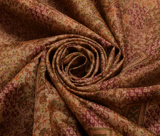 Sushila Vintage Brown Saree 100% Pure Silk Printed Floral Soft Craft Fabric