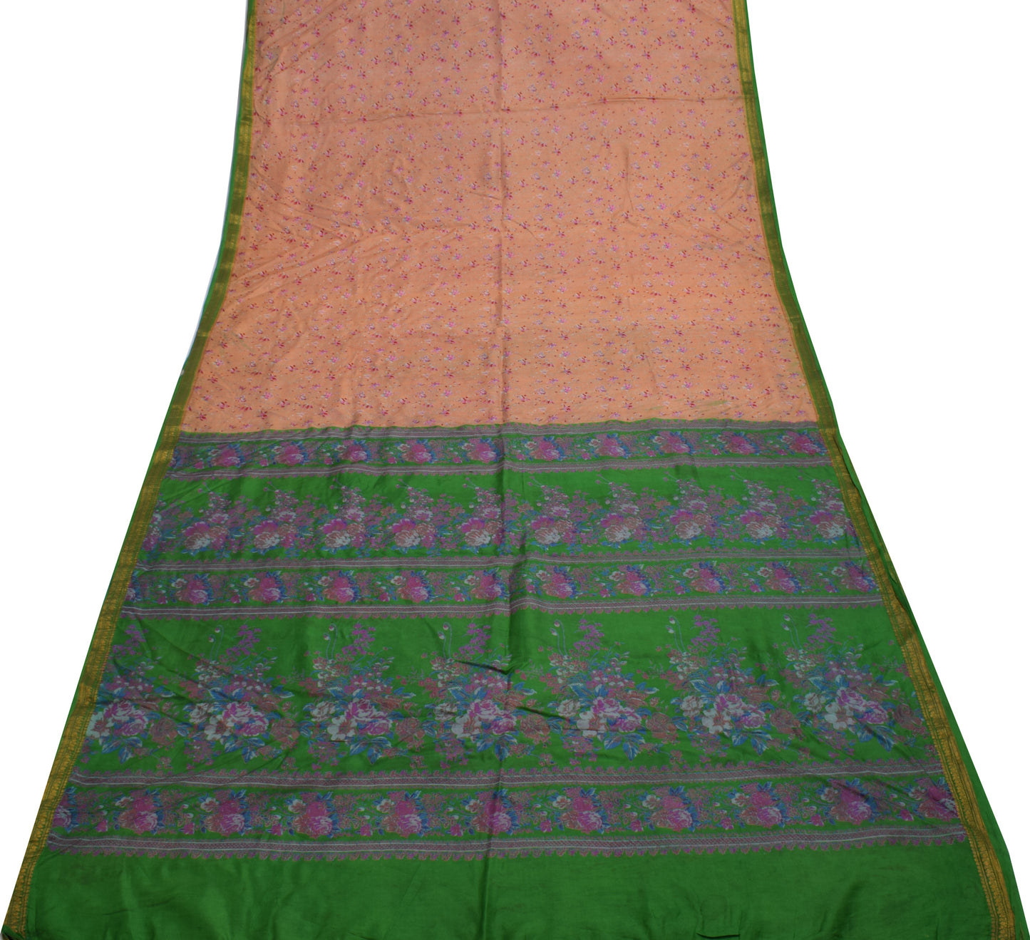 Sushila Vintage Light Orange Saree Pure Silk Printed Floral Soft Craft Fabric