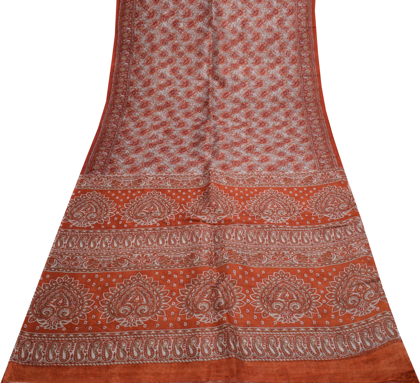 Sushila Vintage Brown Saree 100% Pure Silk Printed Floral Soft Craft Fabric