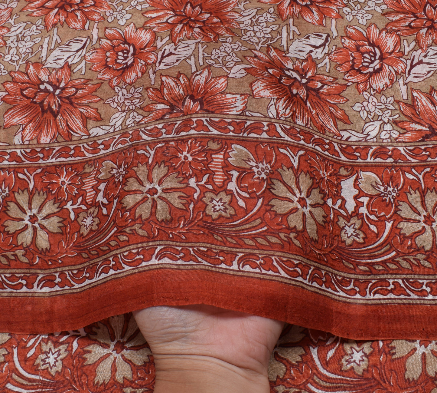 Sushila Vintage Brown Saree 100% Pure Silk Printed Floral Soft Craft Fabric