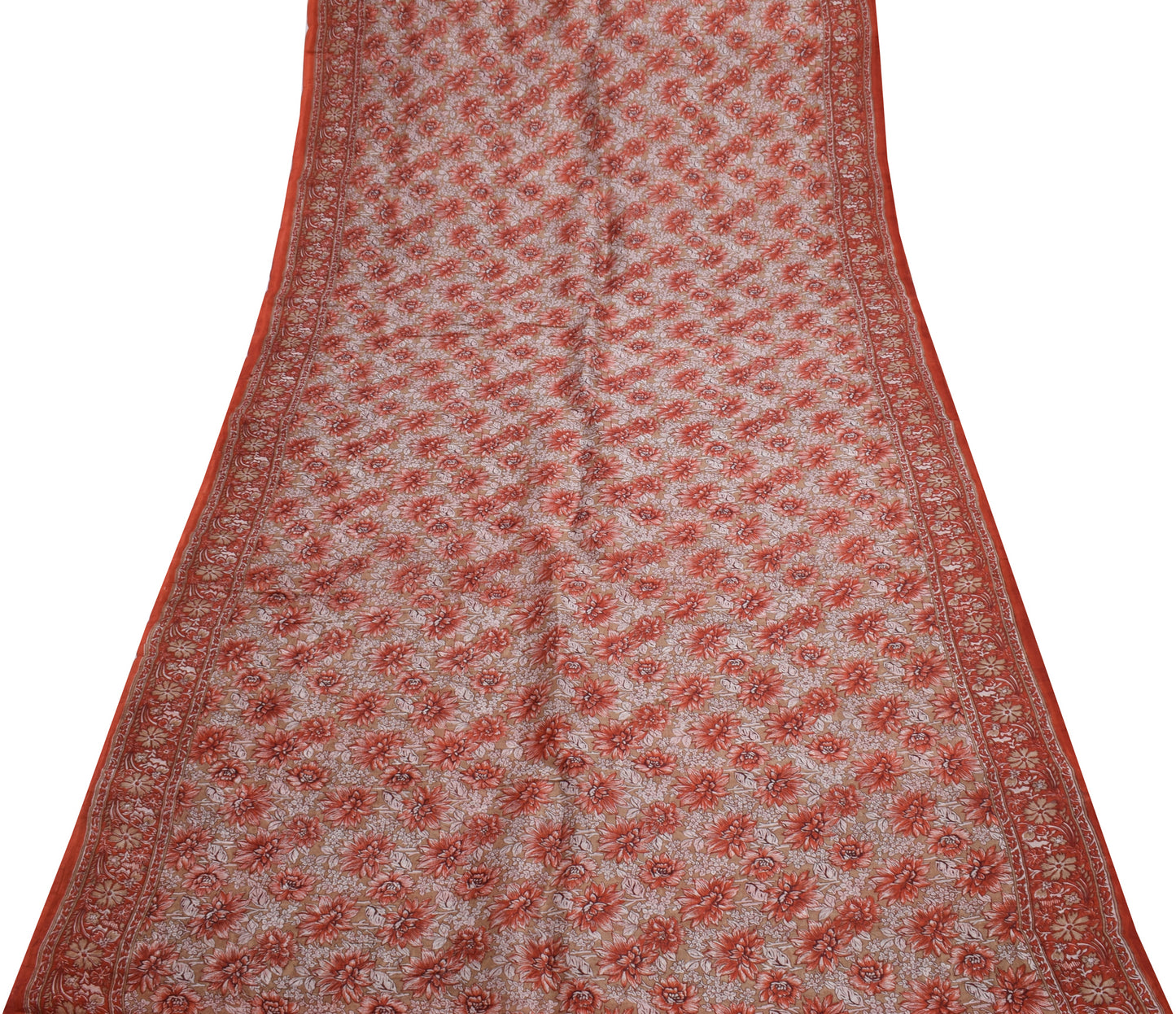 Sushila Vintage Brown Saree 100% Pure Silk Printed Floral Soft Craft Fabric
