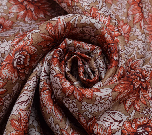 Sushila Vintage Brown Saree 100% Pure Silk Printed Floral Soft Craft Fabric