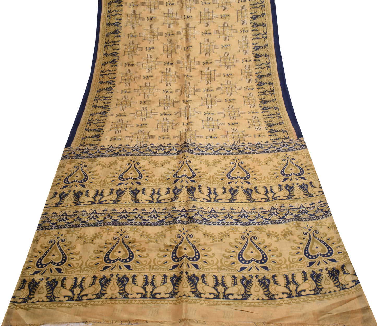 Sushila Vintage Light Brown Saree 100% Pure Silk Printed Birds Craft Fabric
