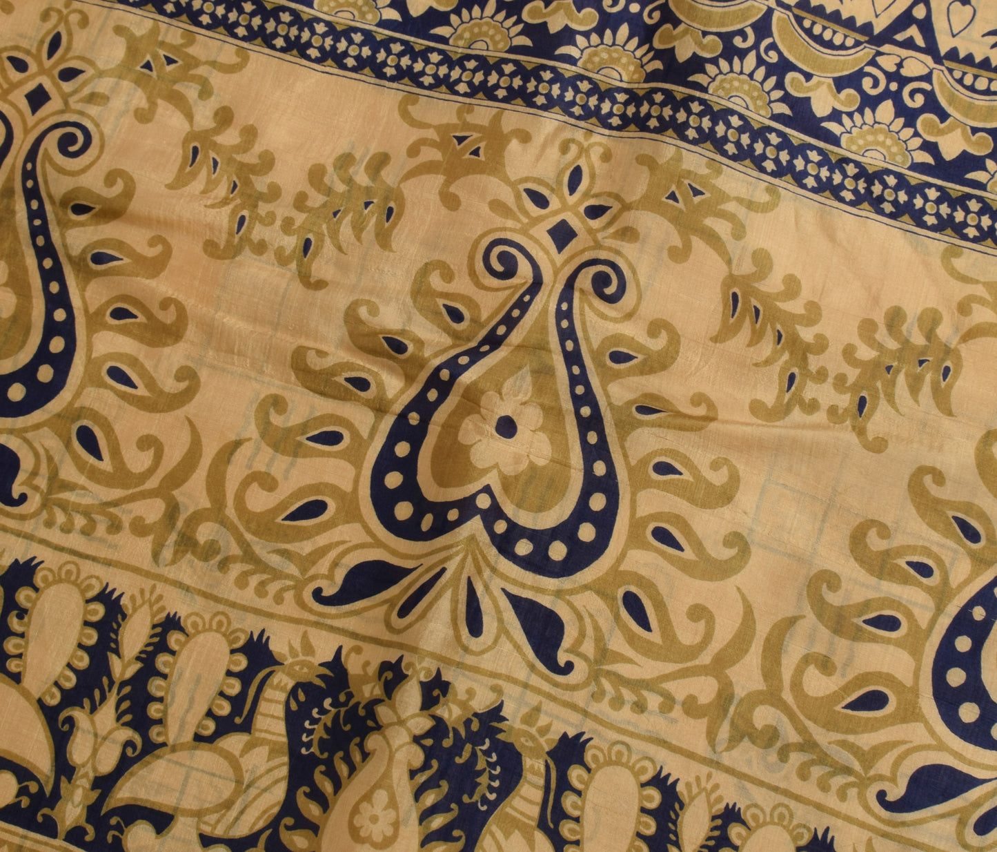 Sushila Vintage Light Brown Saree 100% Pure Silk Printed Birds Craft Fabric