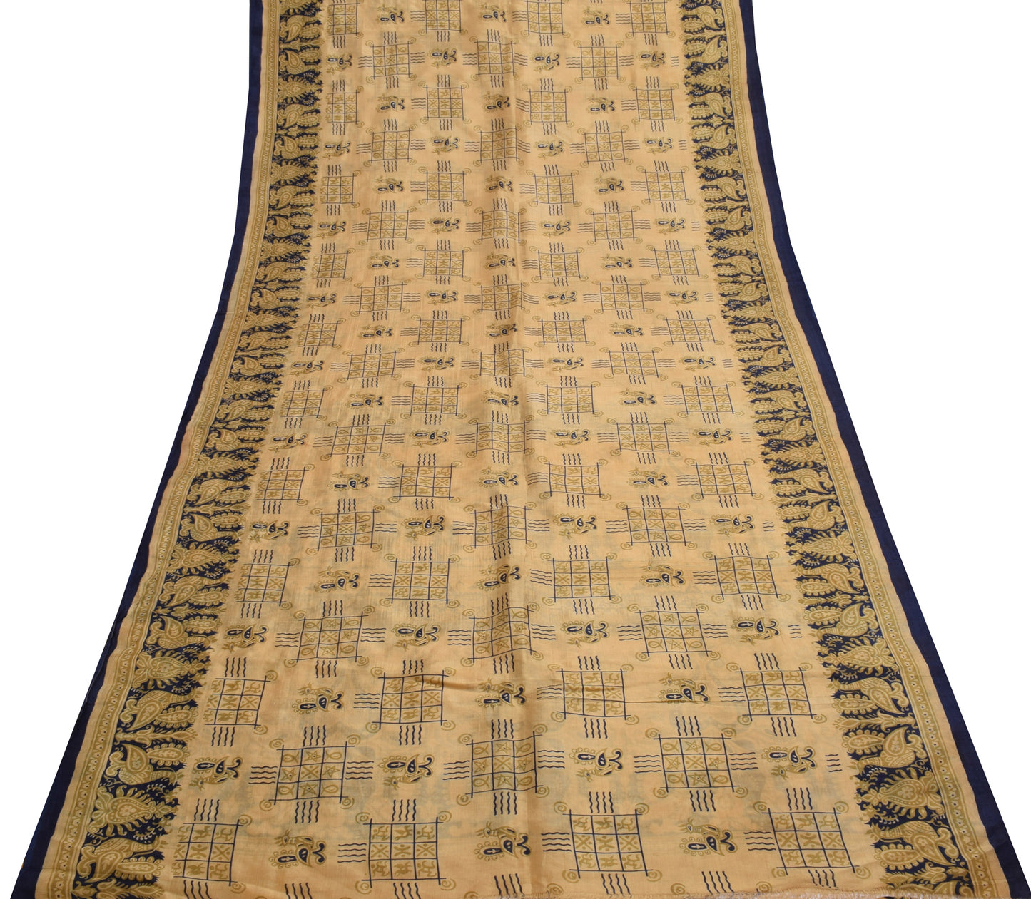 Sushila Vintage Light Brown Saree 100% Pure Silk Printed Birds Craft Fabric