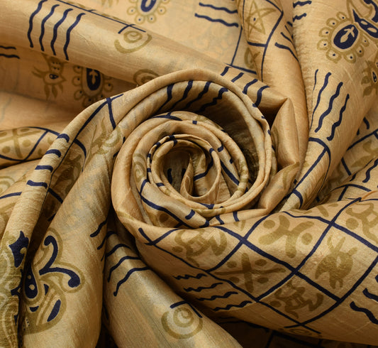 Sushila Vintage Light Brown Saree 100% Pure Silk Printed Birds Craft Fabric