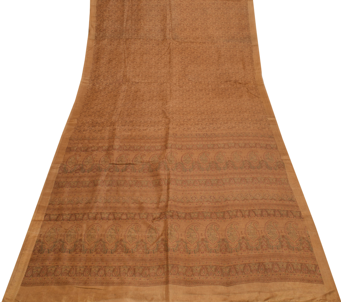 Sushila Vintage Brown Saree 100% Pure Silk Printed Paisley 5 YD Craft Fabric