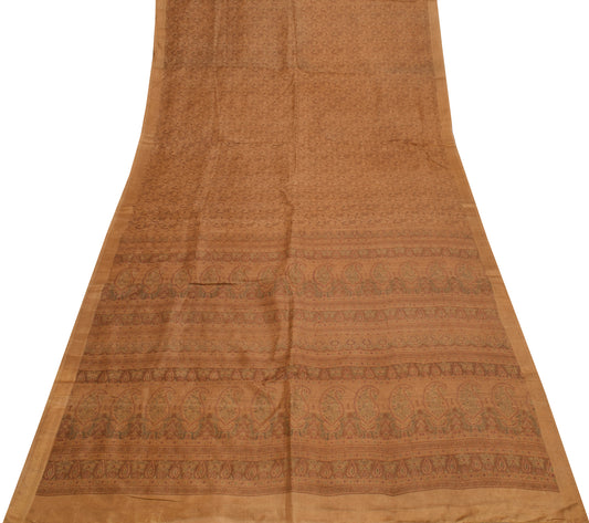 Sushila Vintage Brown Saree 100% Pure Silk Printed Paisley 5 YD Craft Fabric