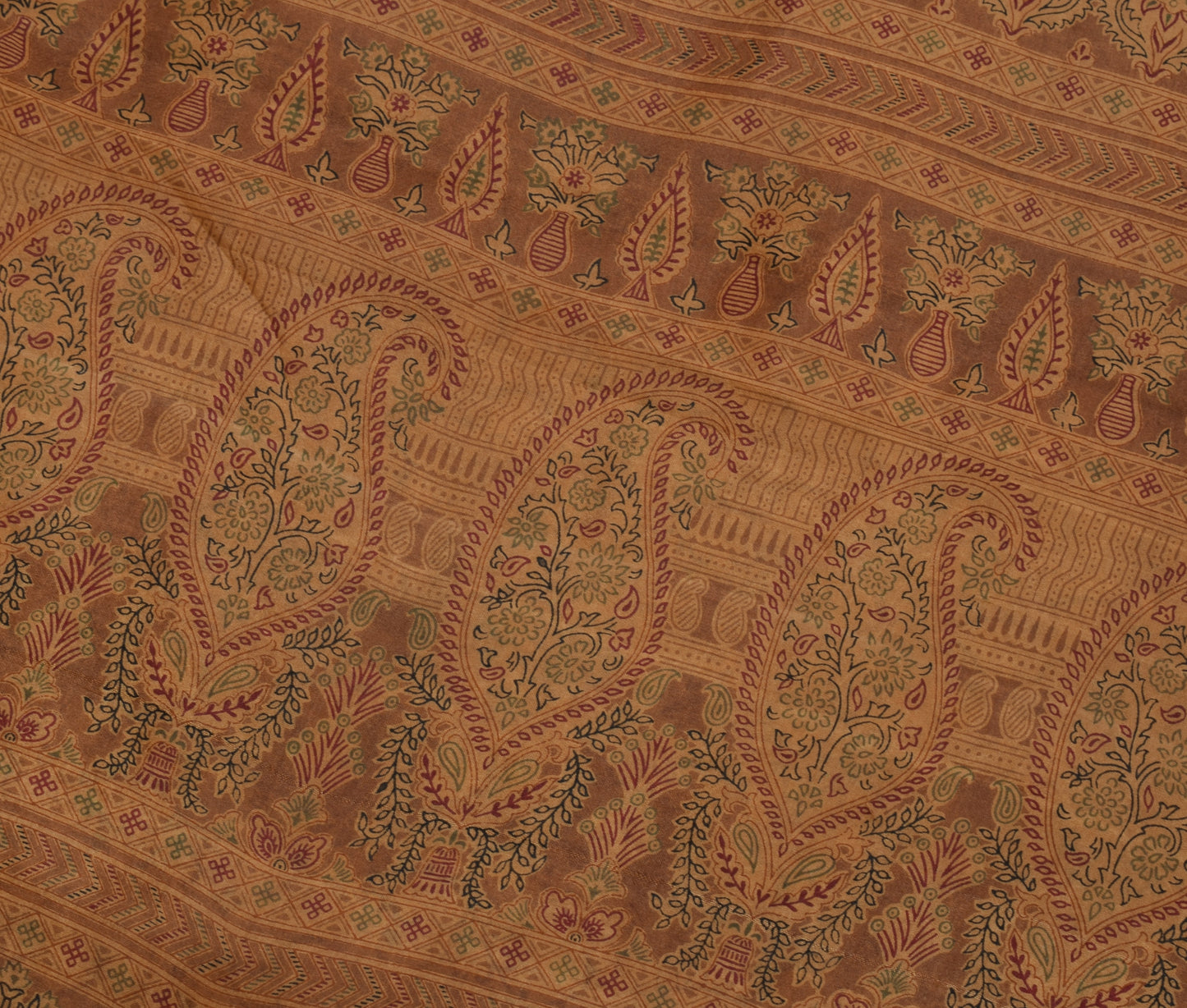 Sushila Vintage Brown Saree 100% Pure Silk Printed Paisley 5 YD Craft Fabric