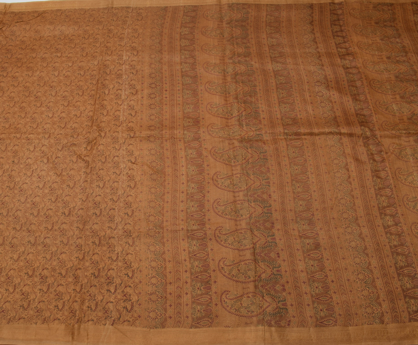 Sushila Vintage Brown Saree 100% Pure Silk Printed Paisley 5 YD Craft Fabric