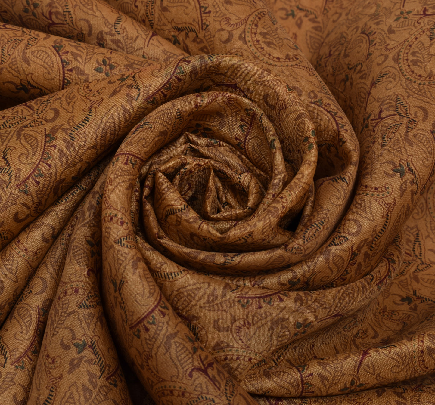 Sushila Vintage Brown Saree 100% Pure Silk Printed Paisley 5 YD Craft Fabric