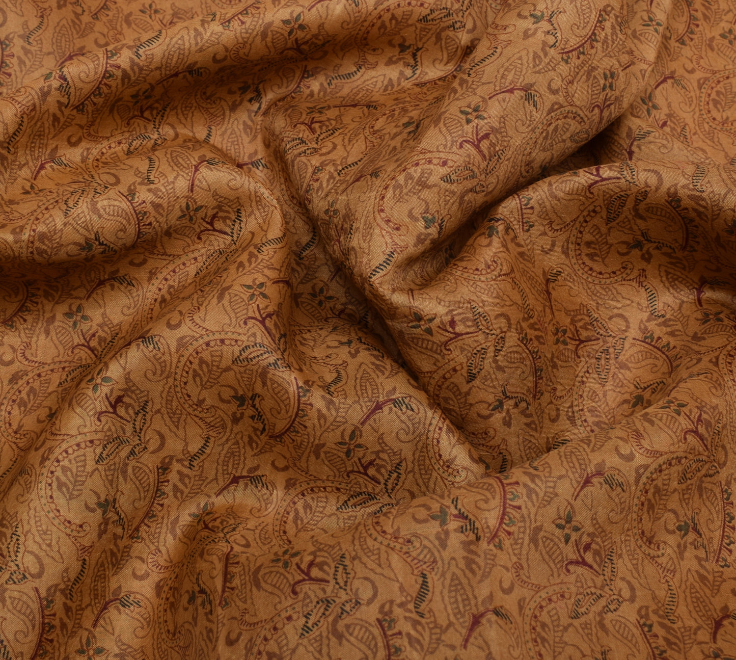 Sushila Vintage Brown Saree 100% Pure Silk Printed Paisley 5 YD Craft Fabric