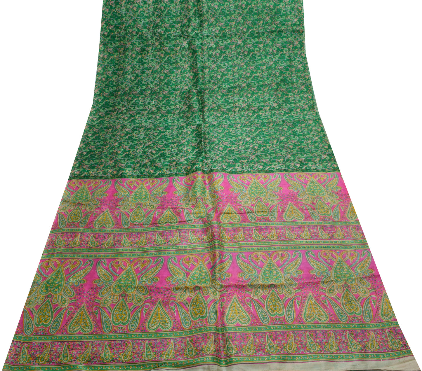 Sushila Vintage Green Saree 100% Pure Silk Printed Floral Soft Craft Fabric