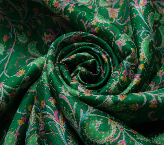 Sushila Vintage Green Saree 100% Pure Silk Printed Floral Soft Craft Fabric